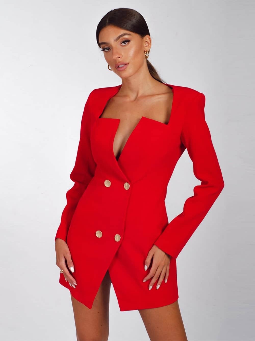 Sculpted Red Double-Breasted Blazer Dress with Gold Buttons
